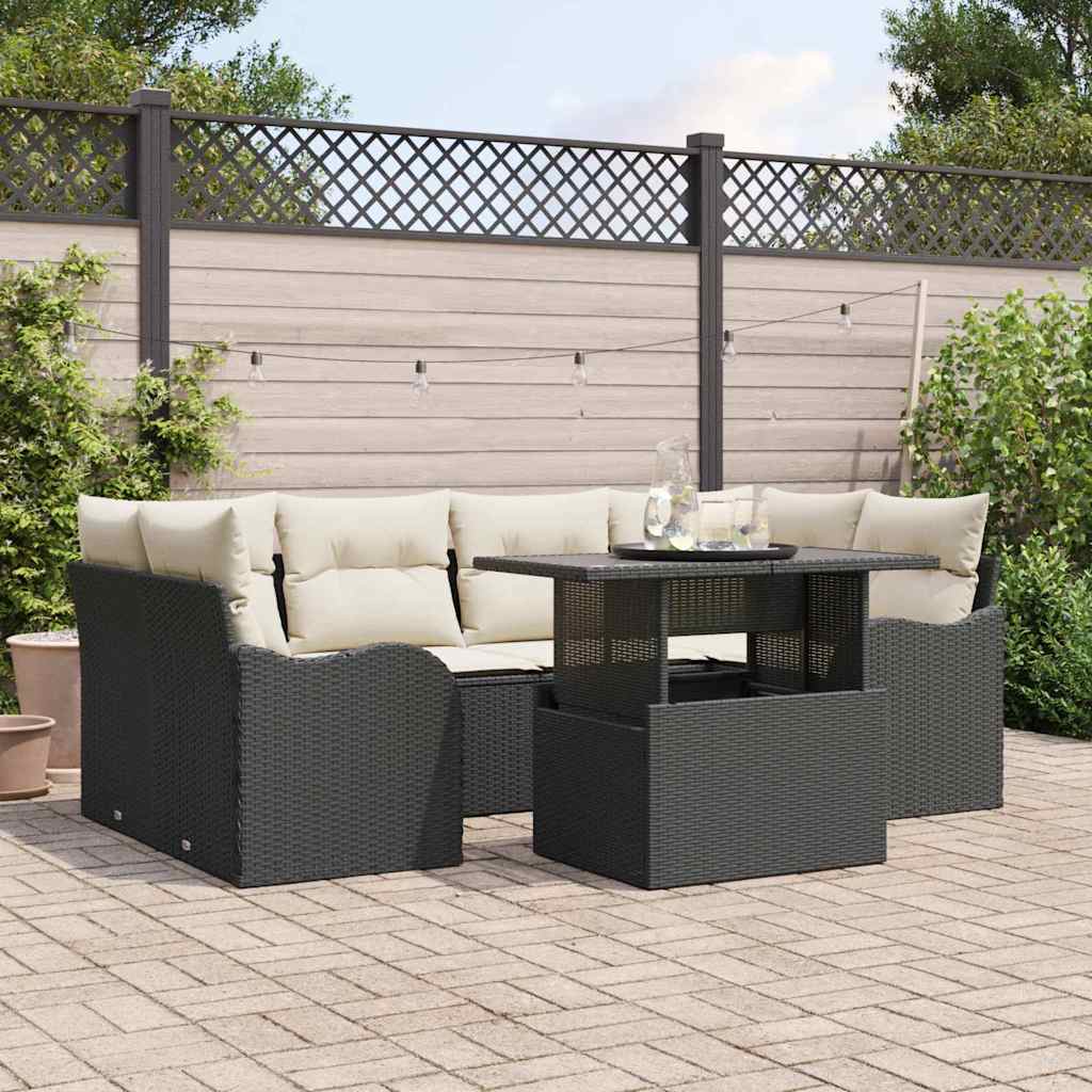 Tuin Sofa Set met kussen 7 pcs Zwart Poly riet is nu te koop bij PeponiXL, paradijselijk wonen!