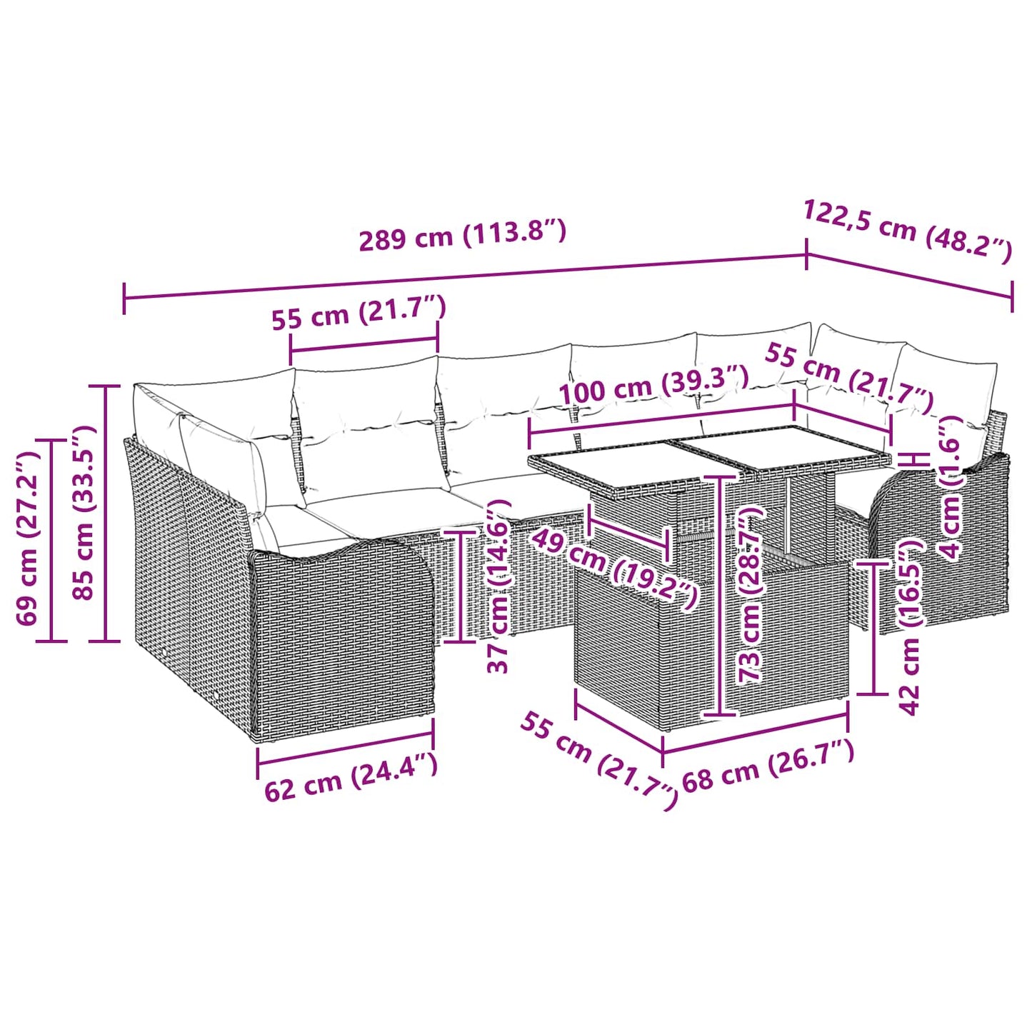 Tuin Sofa Set met kussen 8 pcs Bruin Poly riet