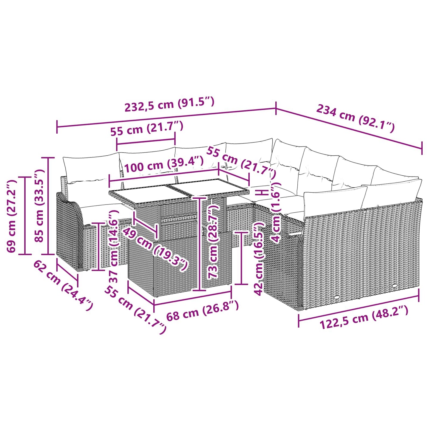 Tuin Sofa Set met kussen 9 pcs Bruin Poly riet is nu te koop bij PeponiXL, paradijselijk wonen!