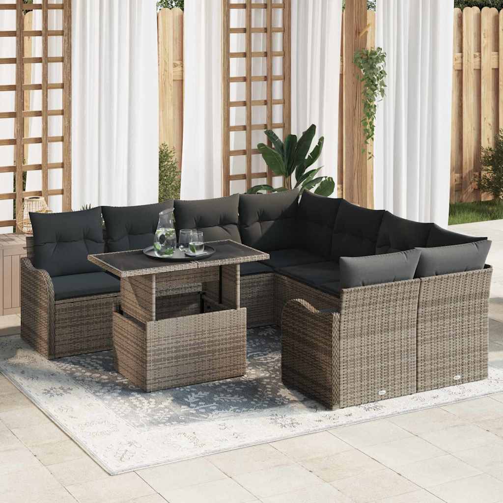 Tuin Sofa Set met kussen 9 pcs Grijs Poly riet is nu te koop bij PeponiXL, paradijselijk wonen!