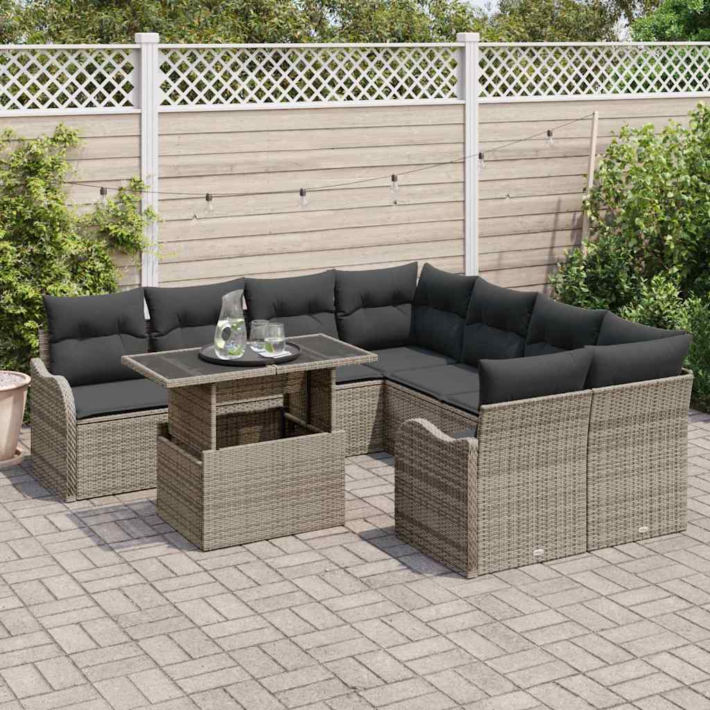Tuin Sofa Set met kussen 9 pcs Grijs Poly riet is nu te koop bij PeponiXL, paradijselijk wonen!