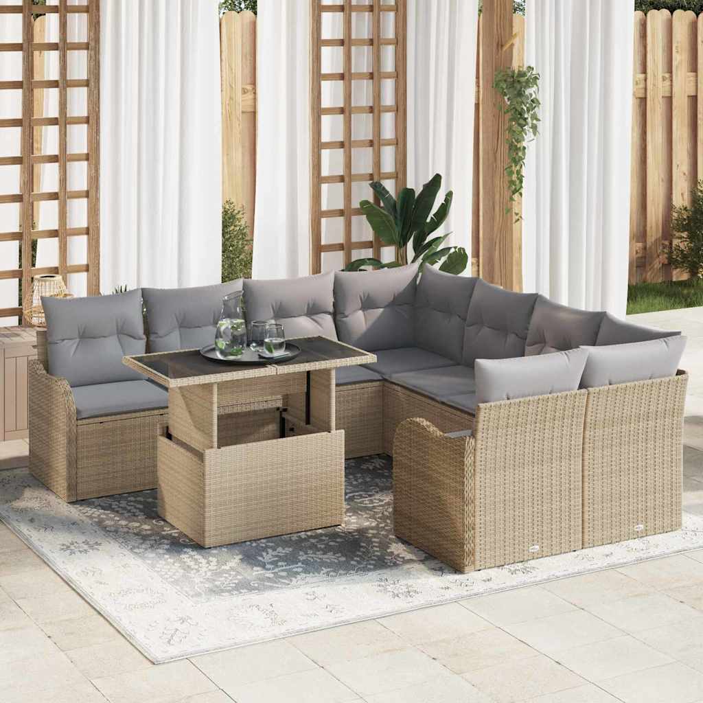 Tuin Sofa Set met kussen 9 pcs Beige Poly riet is nu te koop bij PeponiXL, paradijselijk wonen!