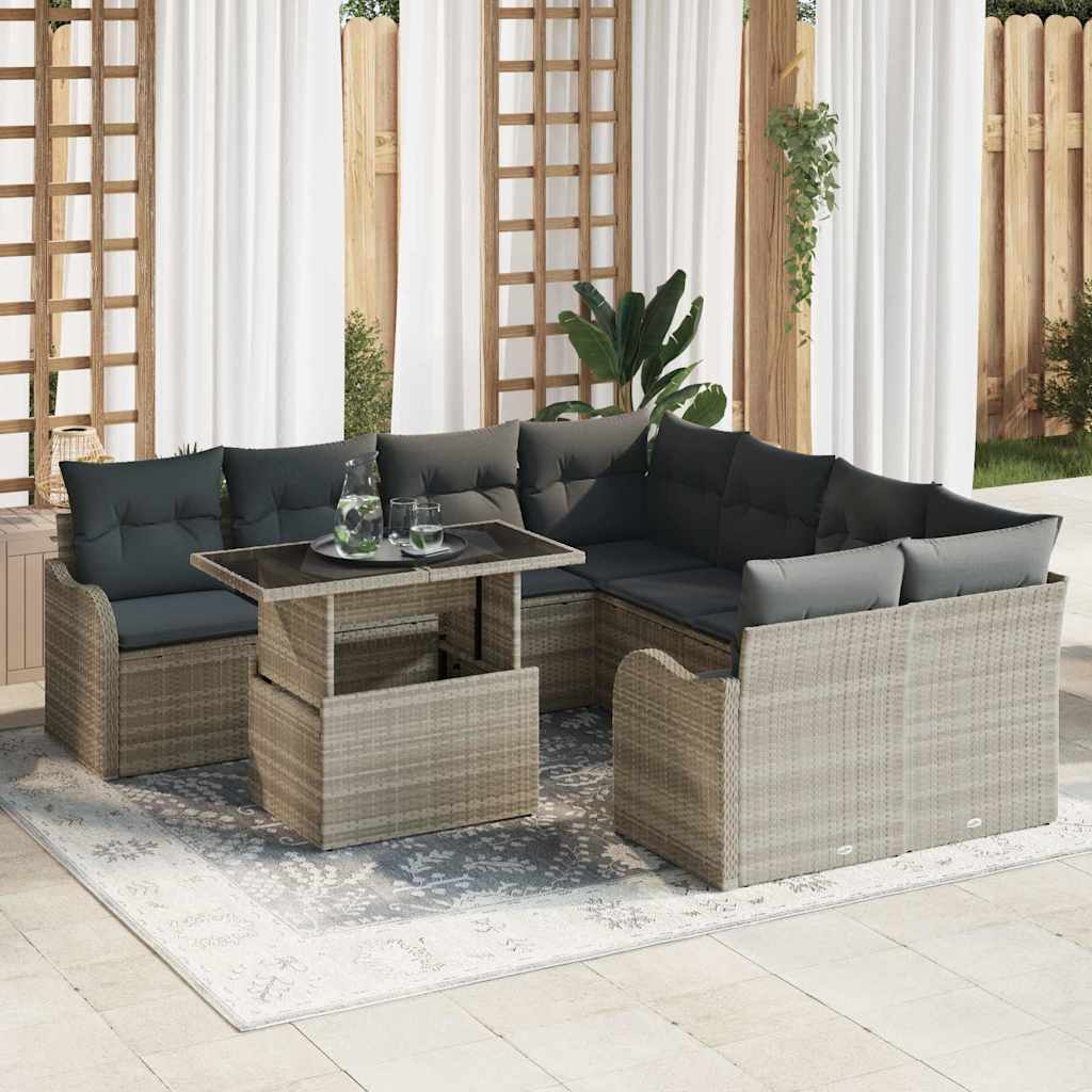 Tuin Sofa Set met kussen 9 pcs Lichtgrijs Poly riet is nu te koop bij PeponiXL, paradijselijk wonen!