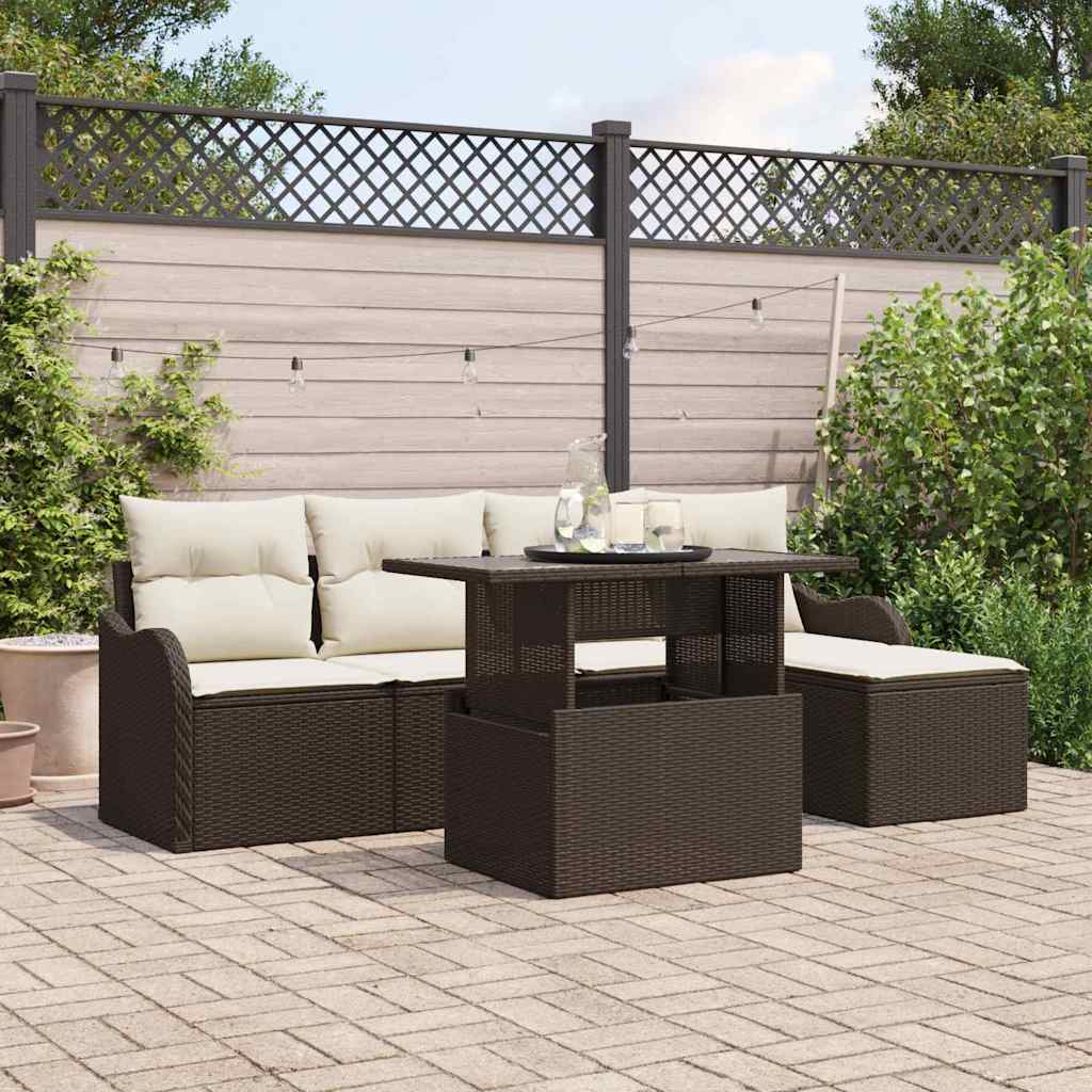 Buiten Zitmeubelset met kussen 6 pcs Bruin Poly riet is nu te koop bij PeponiXL, paradijselijk wonen!
