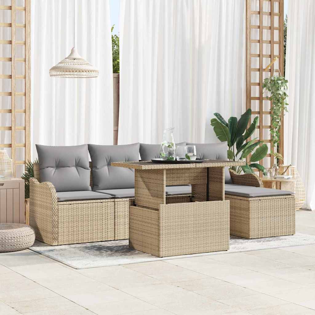 Buiten Zitmeubelset met kussen 6 pcs Beige Poly riet is nu te koop bij PeponiXL, paradijselijk wonen!