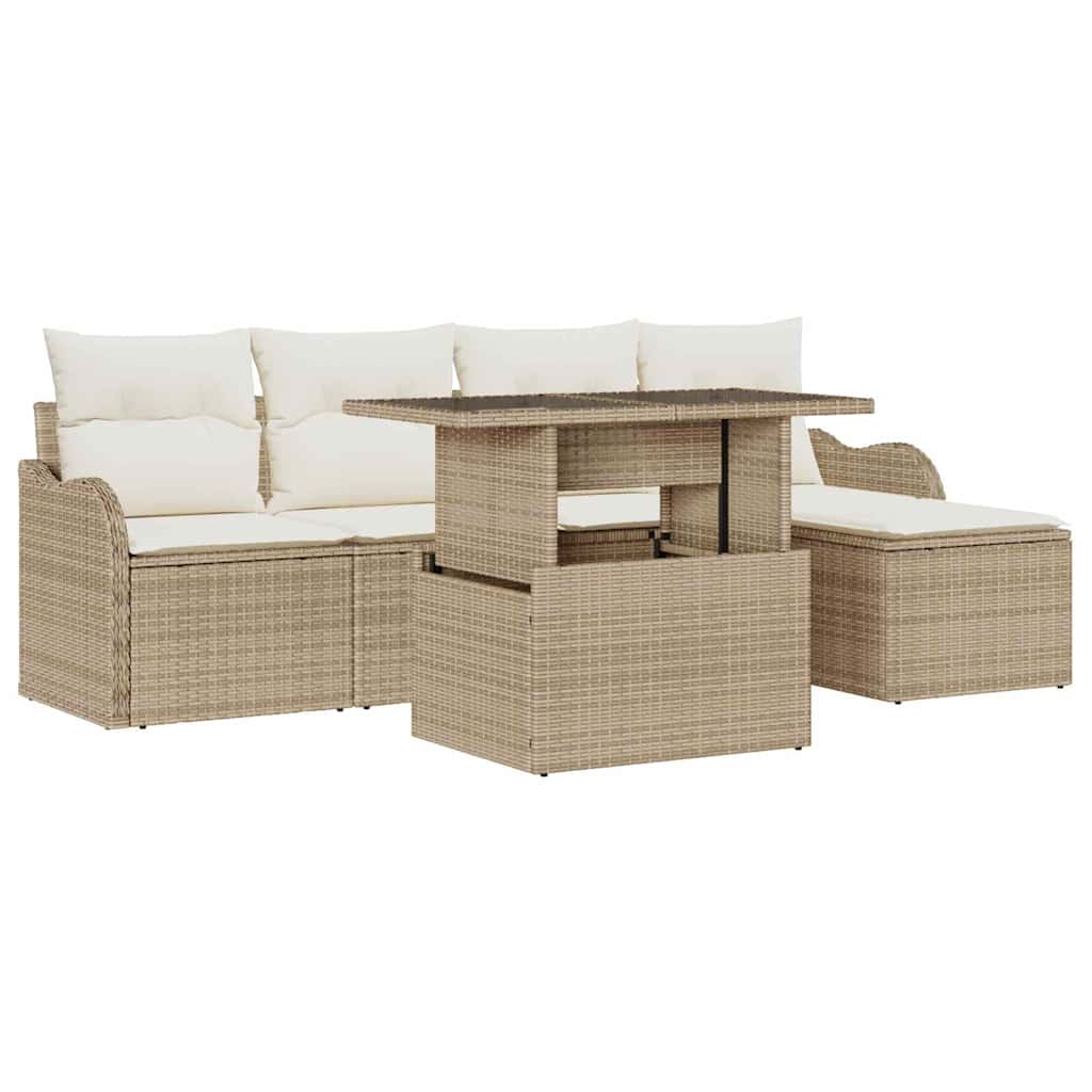 Buiten Zitmeubelset met kussen 6 pcs Beige Poly riet