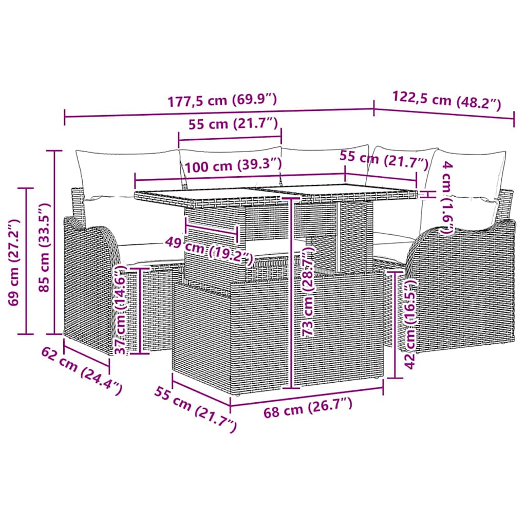 Buiten eetset met kussen 5 pcs Grijs Poly riet is nu te koop bij PeponiXL, paradijselijk wonen!