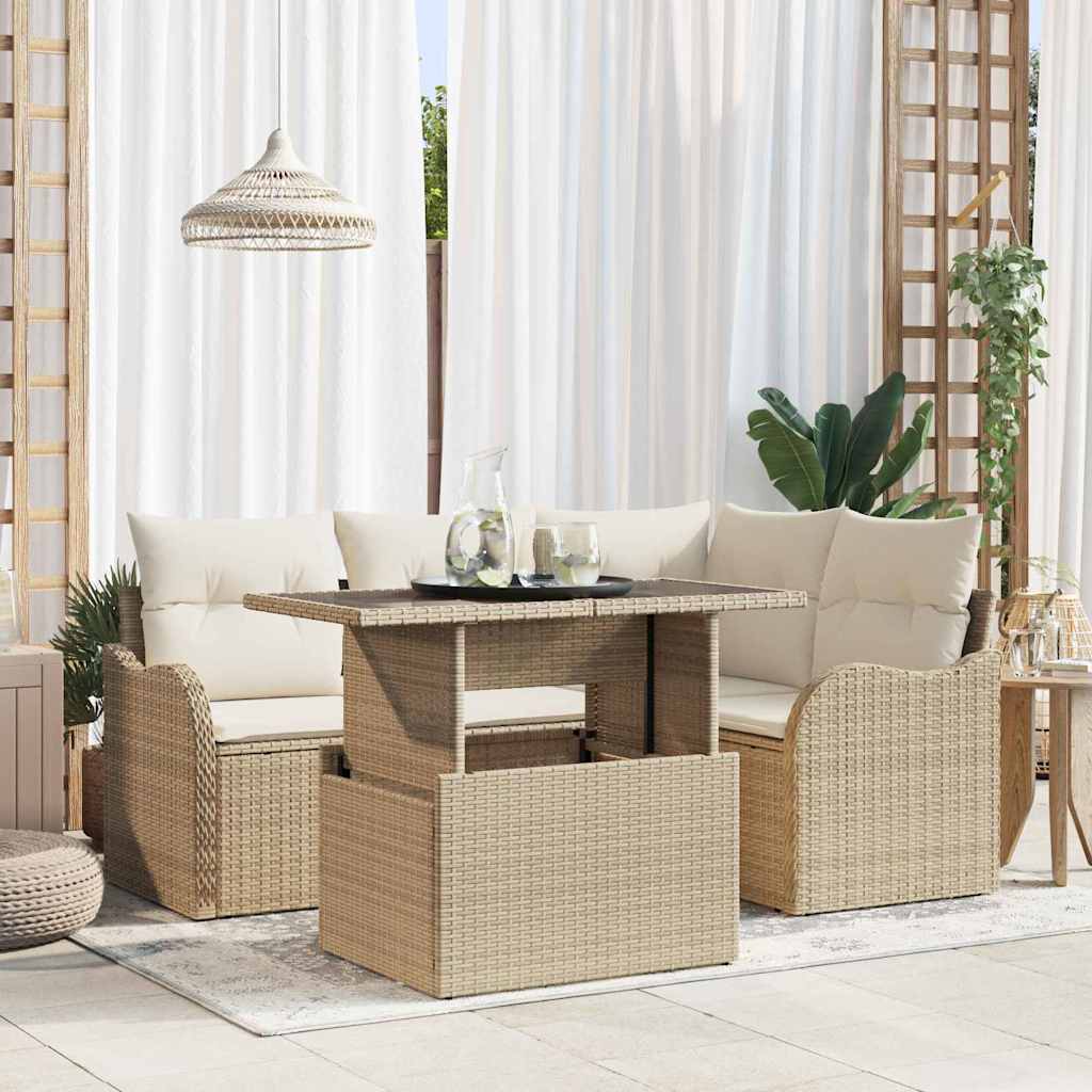 Buiten eetset met kussen 5 pcs Beige Poly riet is nu te koop bij PeponiXL, paradijselijk wonen!
