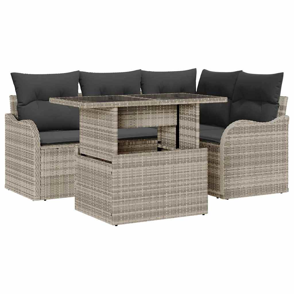 Buiten eetset met kussen 5 pcs Lichtgrijs Poly riet is nu te koop bij PeponiXL, paradijselijk wonen!
