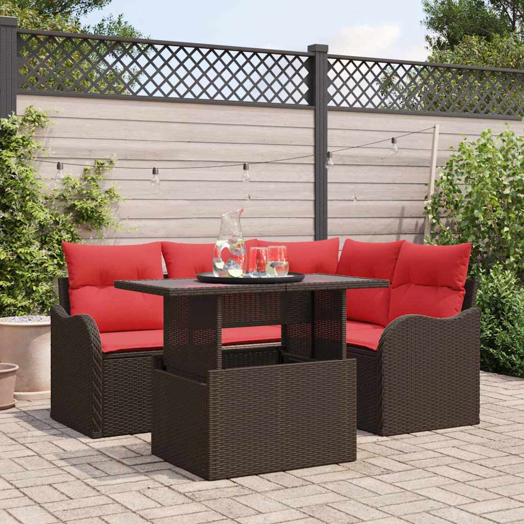 Buiten eetset met kussen 5 pcs Bruin Poly riet
