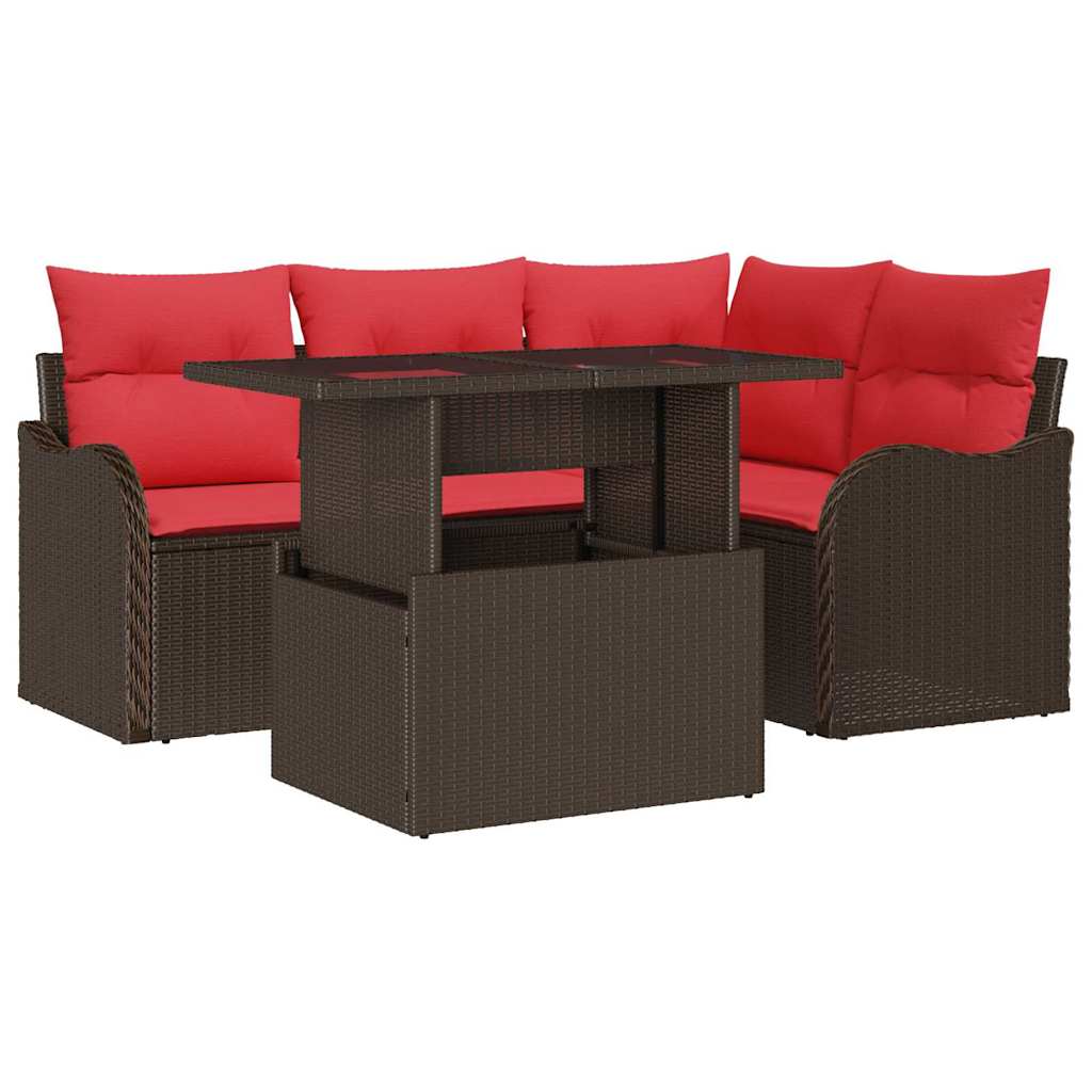 Buiten eetset met kussen 5 pcs Bruin Poly riet