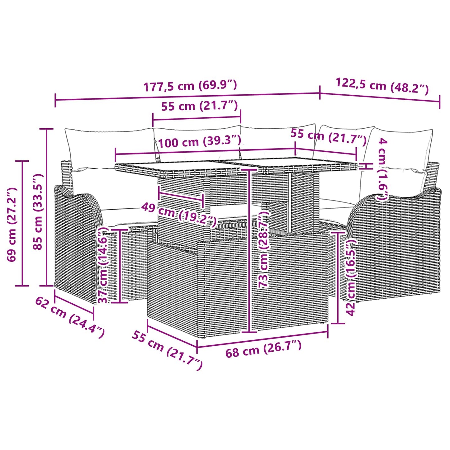 Buiten eetset met kussen 5 pcs Bruin Poly riet