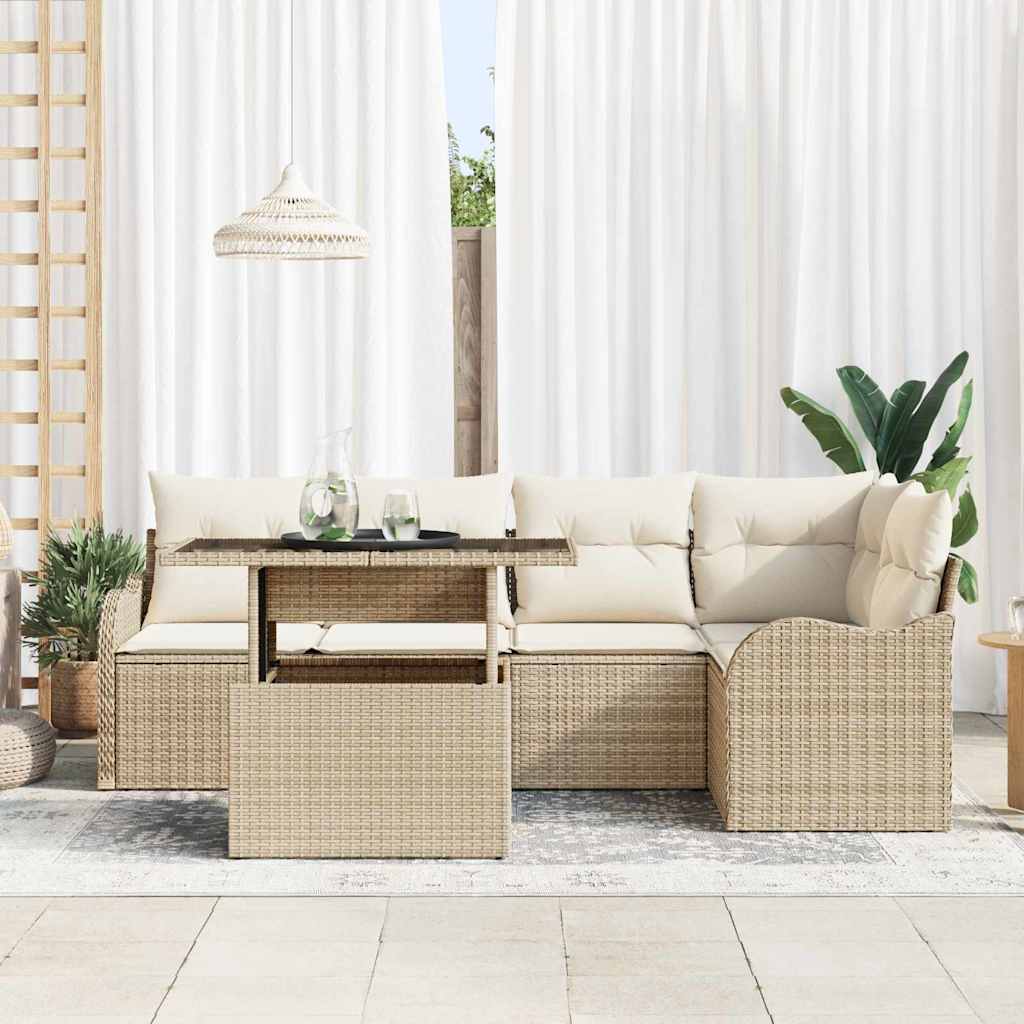 Eetkamerset met kussen 6 pcs Beige Poly riet