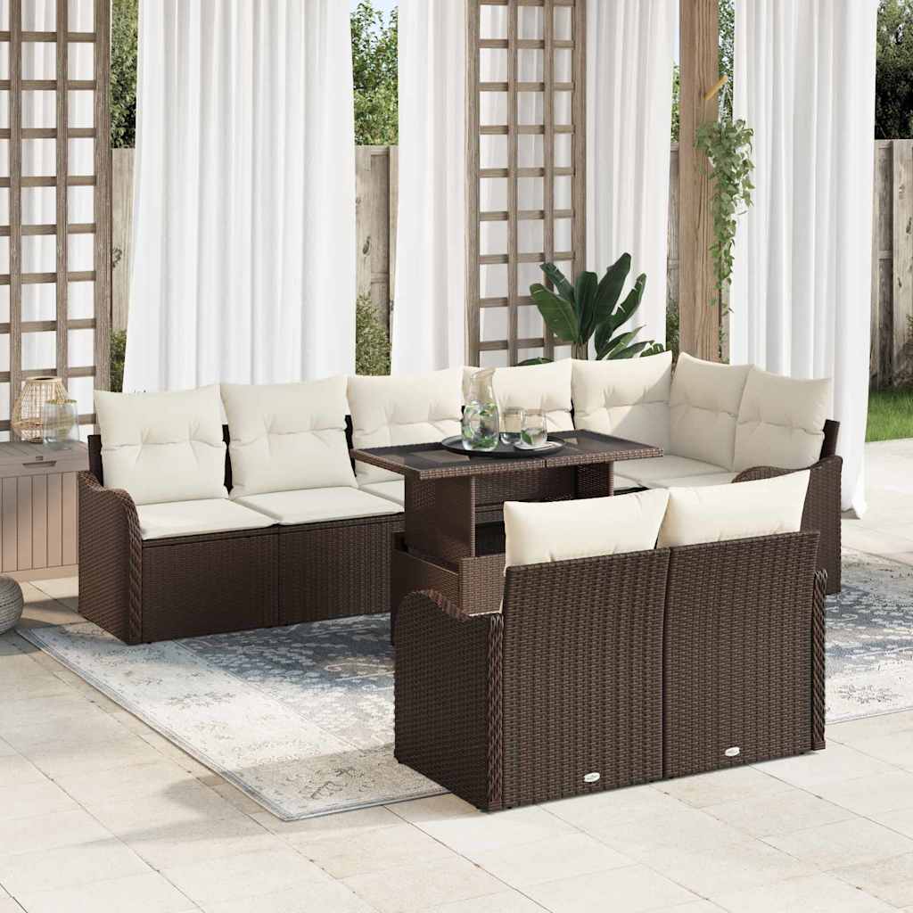 Loungebankset met kussen 9 pcs Bruin Poly riet is nu te koop bij PeponiXL, paradijselijk wonen!