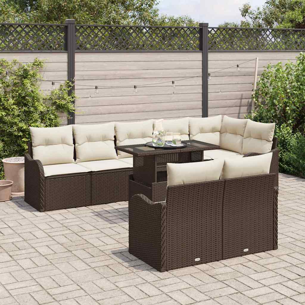 Loungebankset met kussen 9 pcs Bruin Poly riet is nu te koop bij PeponiXL, paradijselijk wonen!