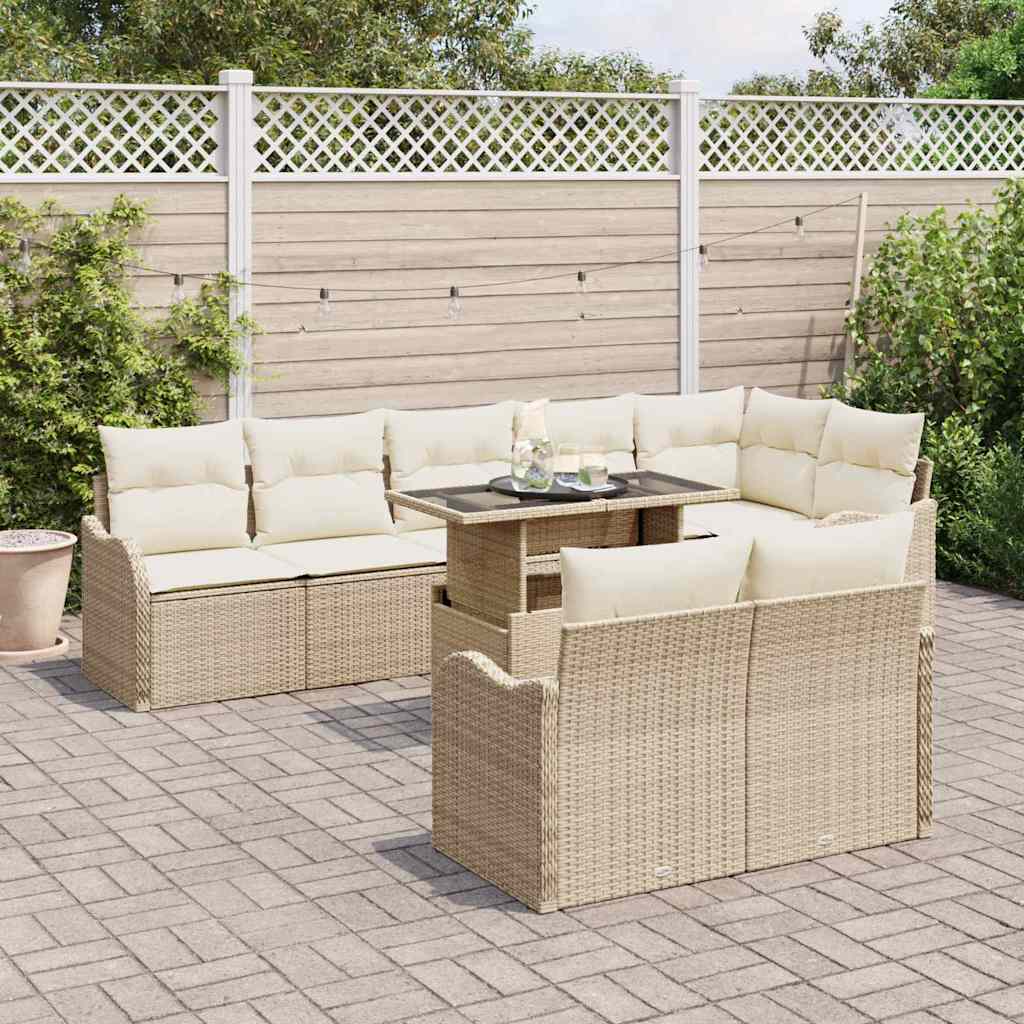 Loungebankset met kussen 9 pcs Beige Poly riet is nu te koop bij PeponiXL, paradijselijk wonen!