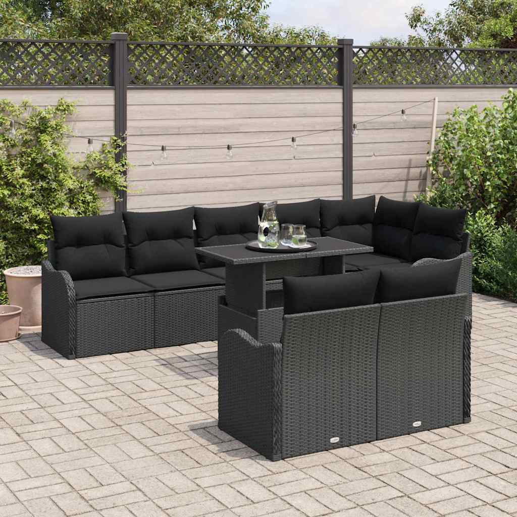 Loungebankset met kussen 9 pcs Zwart Poly riet is nu te koop bij PeponiXL, paradijselijk wonen!