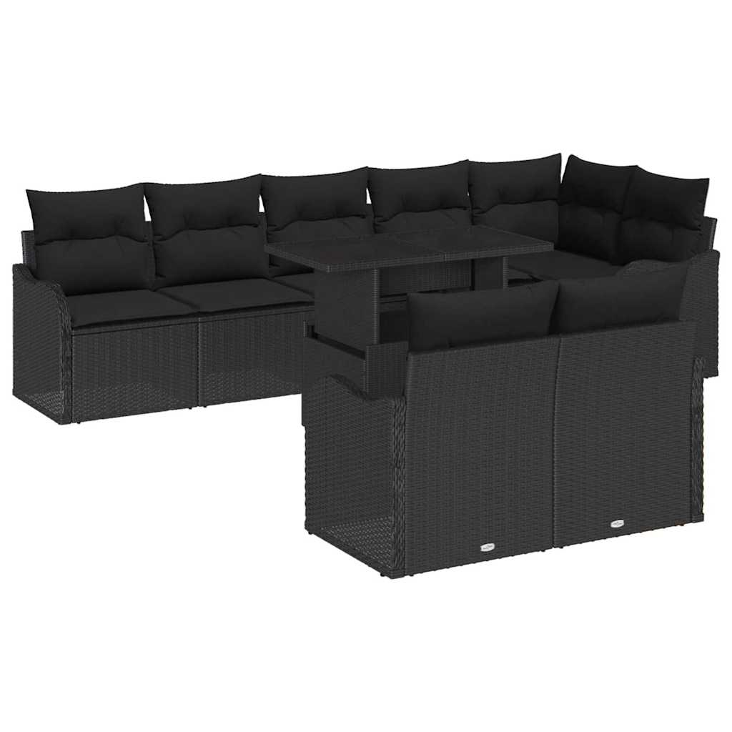 Loungebankset met kussen 9 pcs Zwart Poly riet is nu te koop bij PeponiXL, paradijselijk wonen!