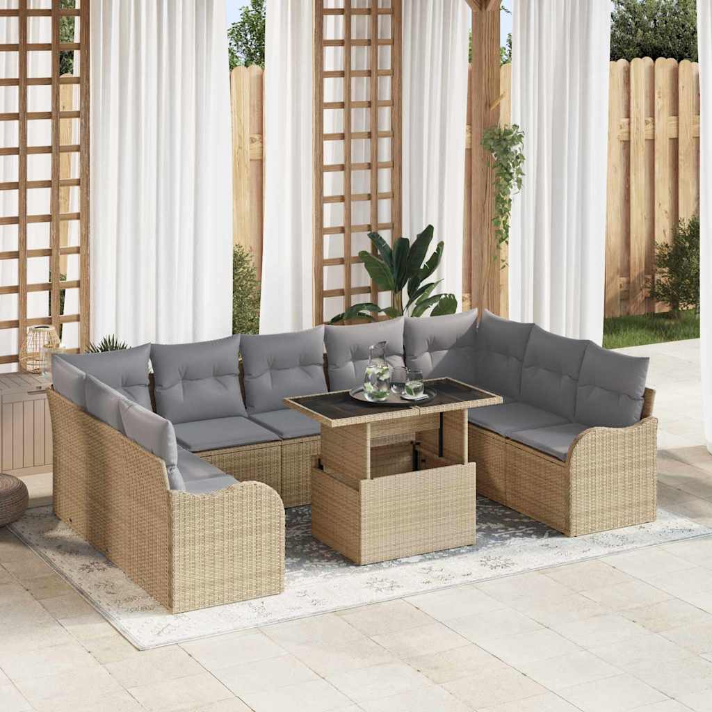 Tuin Sofa Set met kussen 10 pcs Beige Poly riet is nu te koop bij PeponiXL, paradijselijk wonen!