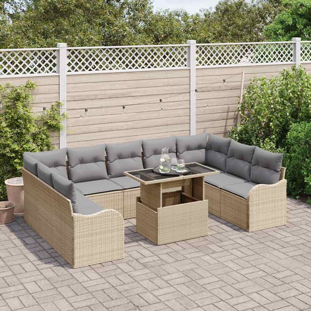Tuin Sofa Set met kussen 10 pcs Beige Poly riet is nu te koop bij PeponiXL, paradijselijk wonen!
