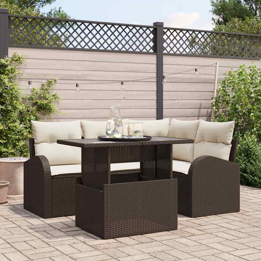 Tuin Sofa Set met kussen 5 pcs Bruin Poly riet is nu te koop bij PeponiXL, paradijselijk wonen!