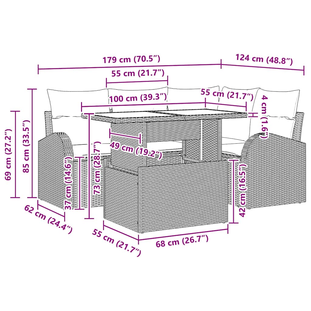 Tuin Sofa Set met kussen 5 pcs Bruin Poly riet is nu te koop bij PeponiXL, paradijselijk wonen!