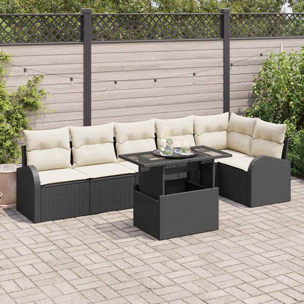 Tuin Sofa Set met kussen 7 pcs Zwart en crème poly rattan is nu te koop bij PeponiXL, paradijselijk wonen!