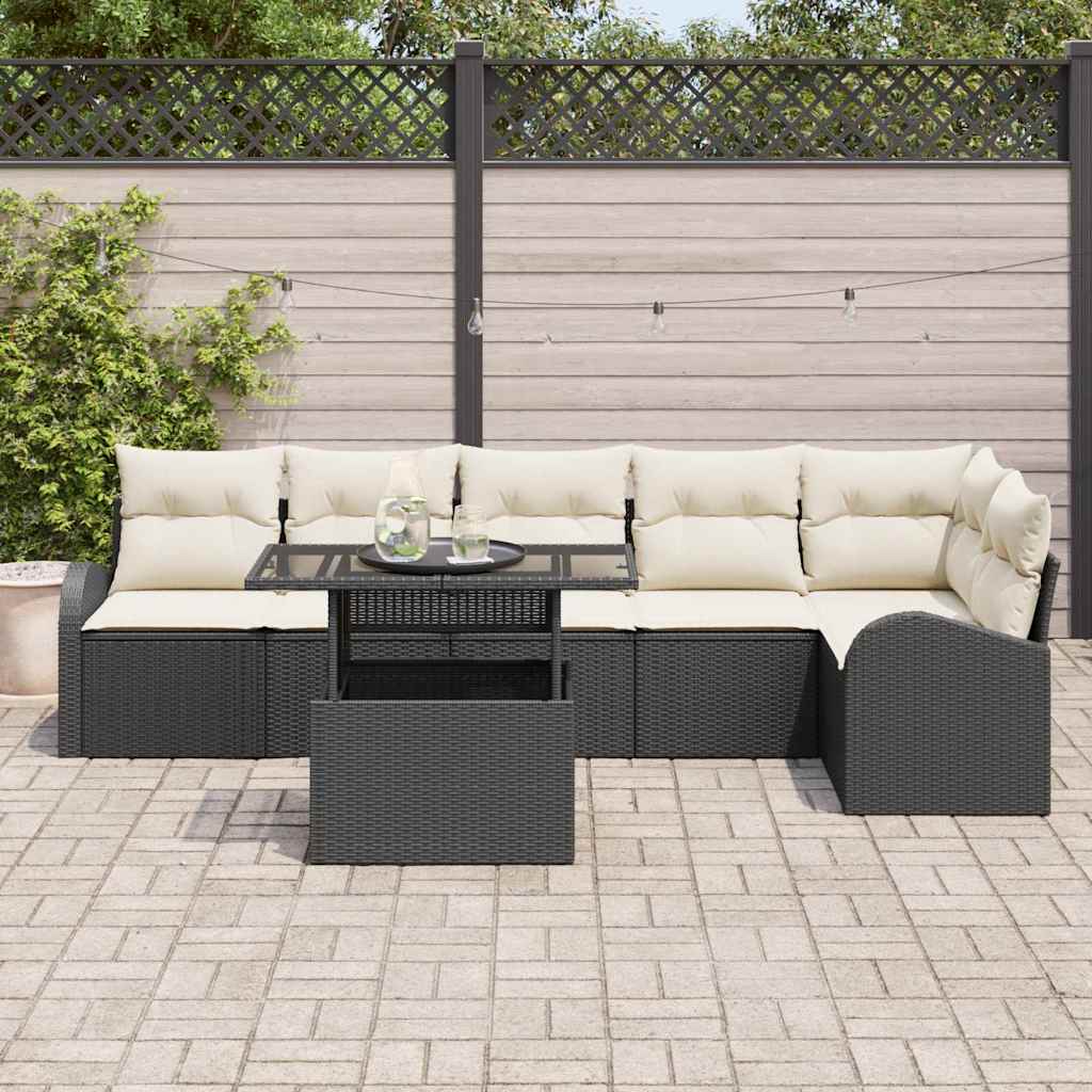 Tuin Sofa Set met kussen 7 pcs Zwart en crème poly rattan is nu te koop bij PeponiXL, paradijselijk wonen!