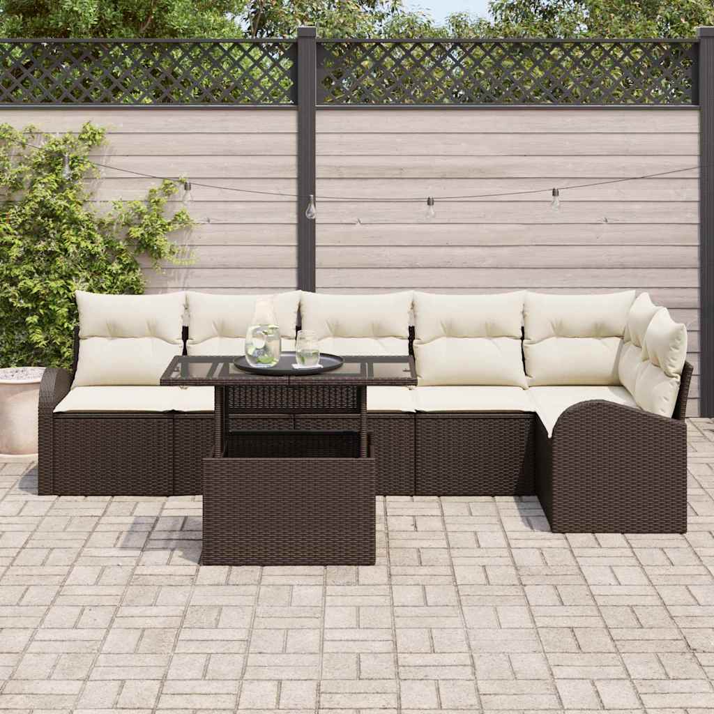 Tuin Sofa Set met kussen 7 pcs Bruin en crème poly rattan is nu te koop bij PeponiXL, paradijselijk wonen!