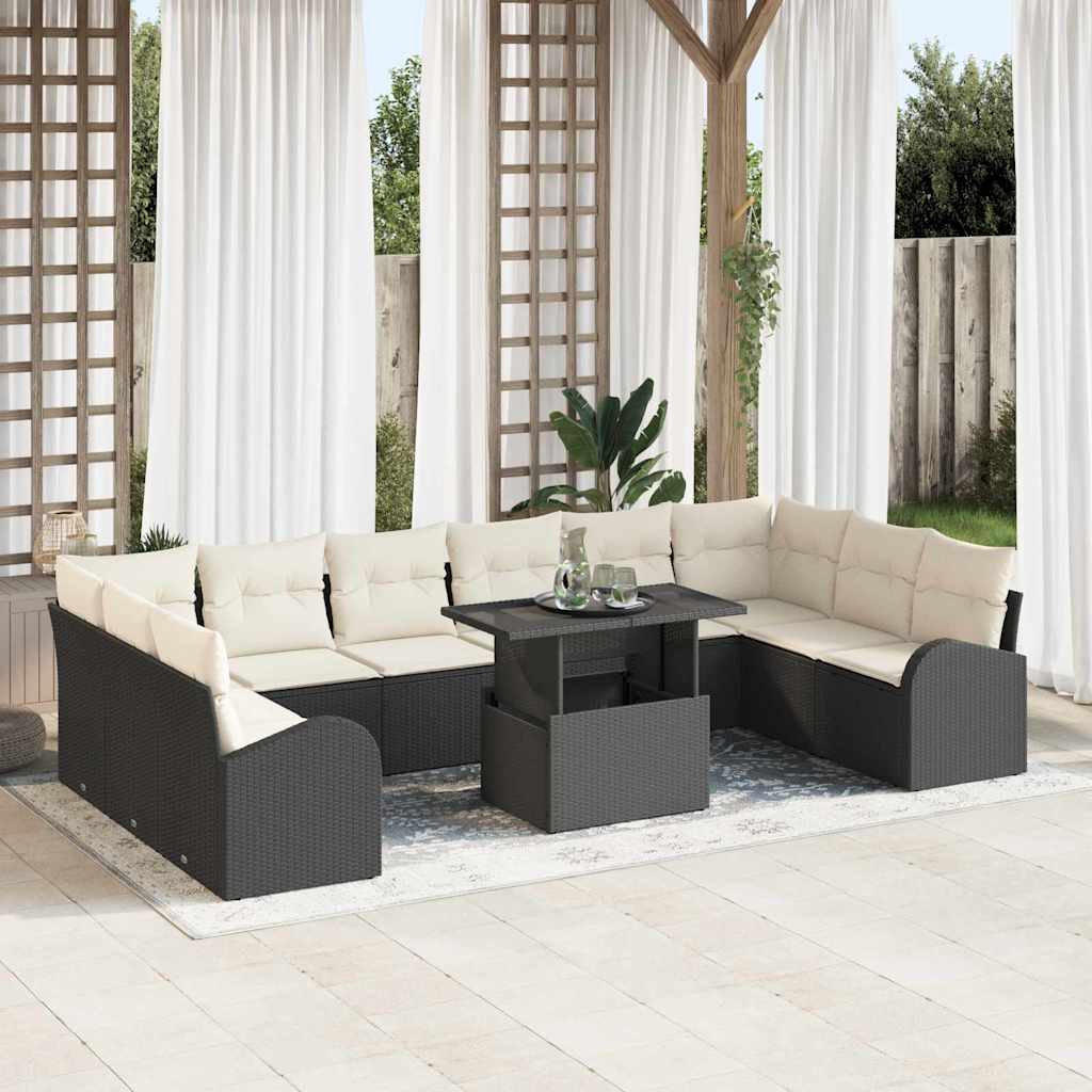 Tuin Sofa Set met kussen 11 pcs Zwart en crème poly rattan is nu te koop bij PeponiXL, paradijselijk wonen!