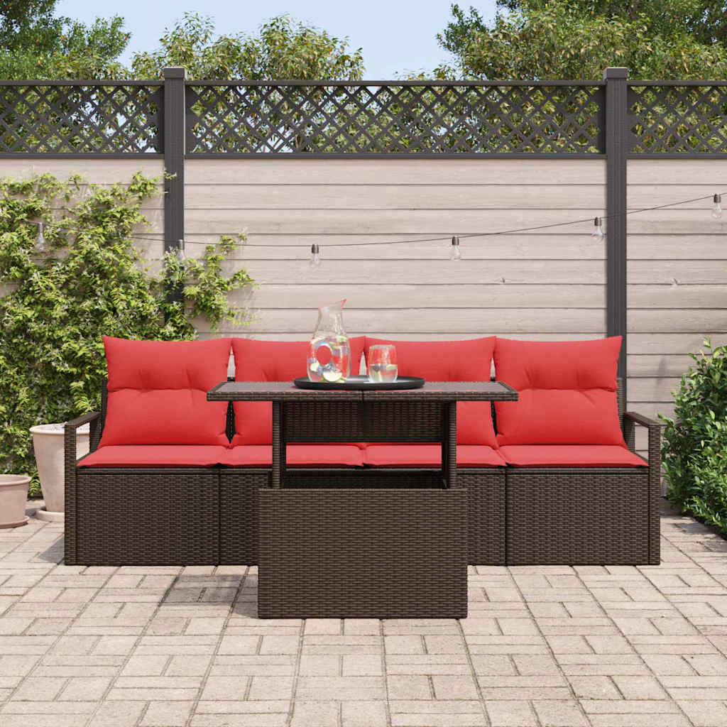 Tuin Sofa Set met opslag 5 pcs Bruin en Rood poly rattan is nu te koop bij PeponiXL, paradijselijk wonen!