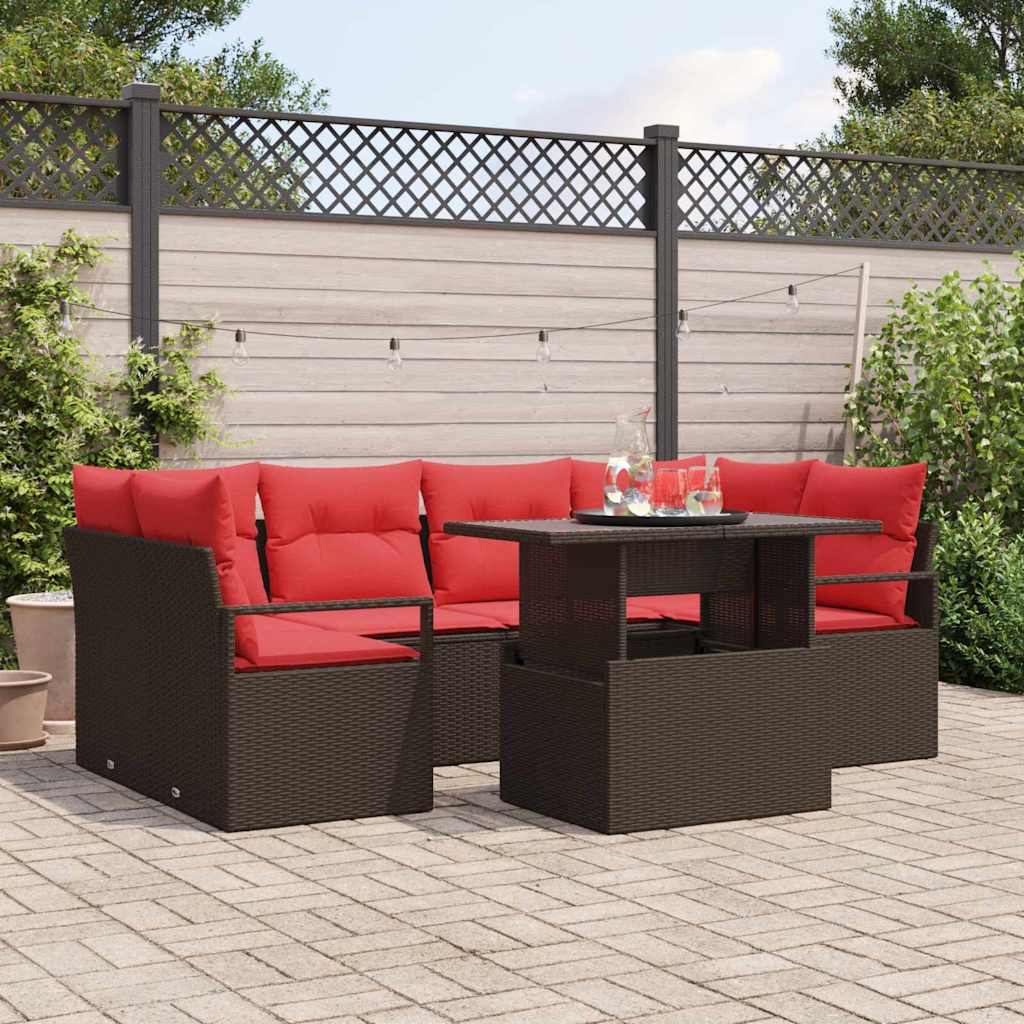 Tuin Sofa Set met kussen 7 pcs Bruin en rood poly rattan is nu te koop bij PeponiXL, paradijselijk wonen!