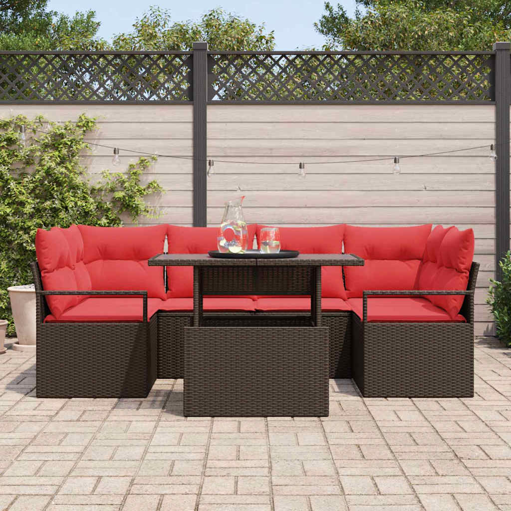 Tuin Sofa Set met kussen 7 pcs Bruin en rood poly rattan is nu te koop bij PeponiXL, paradijselijk wonen!