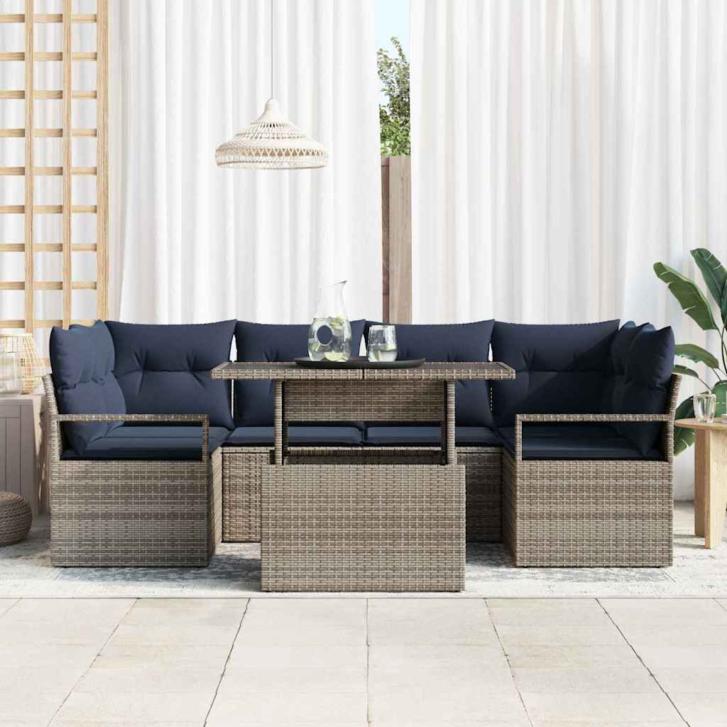 Tuin Sofa Set met kussen 7 pcs grijs en marineblauw poly rattan is nu te koop bij PeponiXL, paradijselijk wonen!