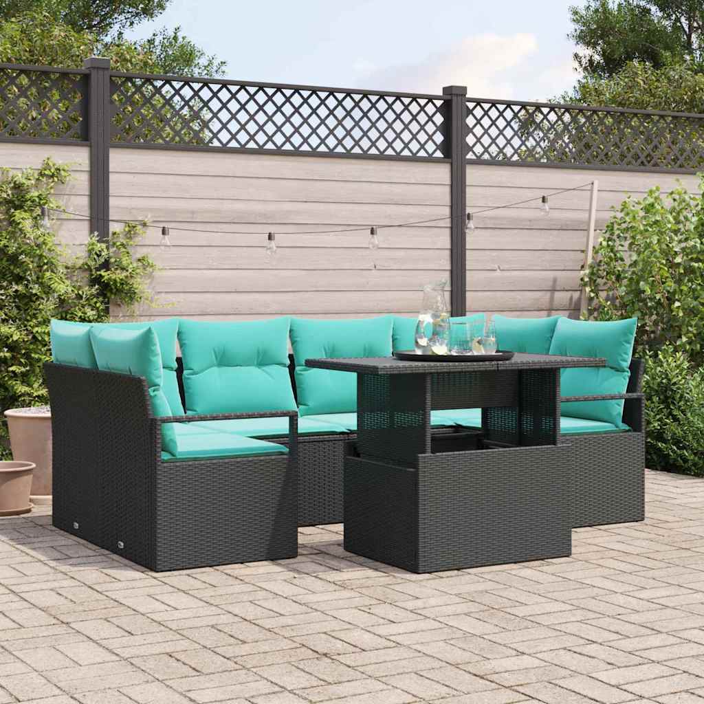 Tuin Sofa Set met kussen 7 pcs Zwart en blauw poly rattan is nu te koop bij PeponiXL, paradijselijk wonen!