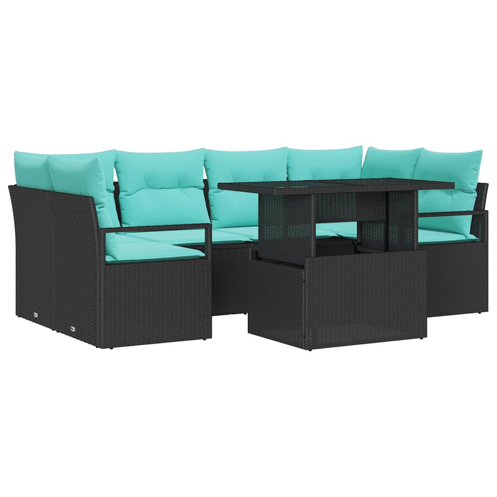 Tuin Sofa Set met kussen 7 pcs Zwart en blauw poly rattan is nu te koop bij PeponiXL, paradijselijk wonen!