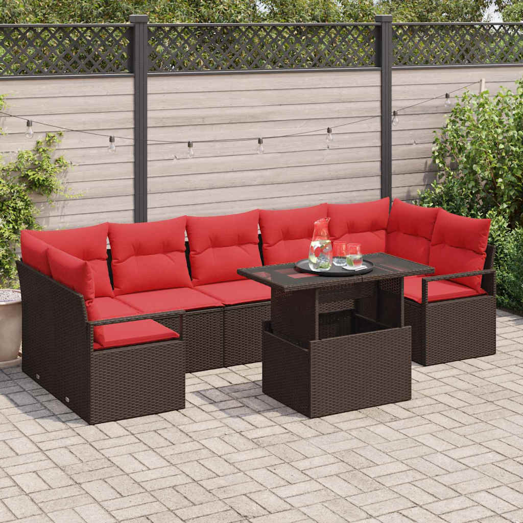 Tuin Sofa Set met kussen 8 pcs Bruin en Rood poly rattan is nu te koop bij PeponiXL, paradijselijk wonen!