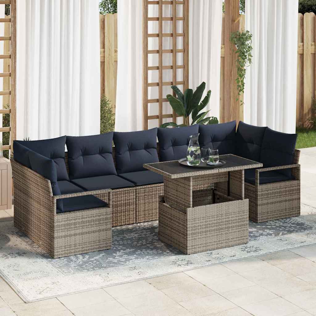 Tuin Sofa Set met kussen 8 pcs grijs en marineblauw poly rattan is nu te koop bij PeponiXL, paradijselijk wonen!