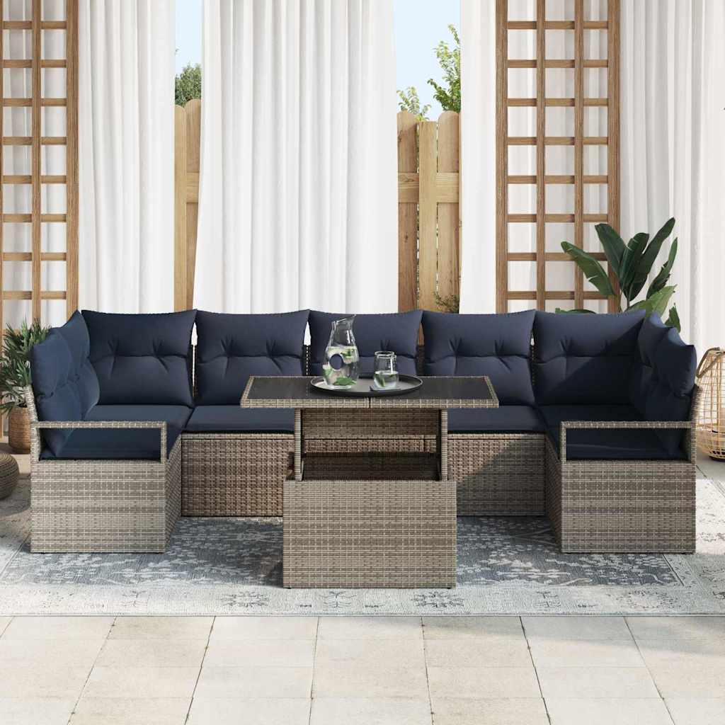 Tuin Sofa Set met kussen 8 pcs grijs en marineblauw poly rattan is nu te koop bij PeponiXL, paradijselijk wonen!