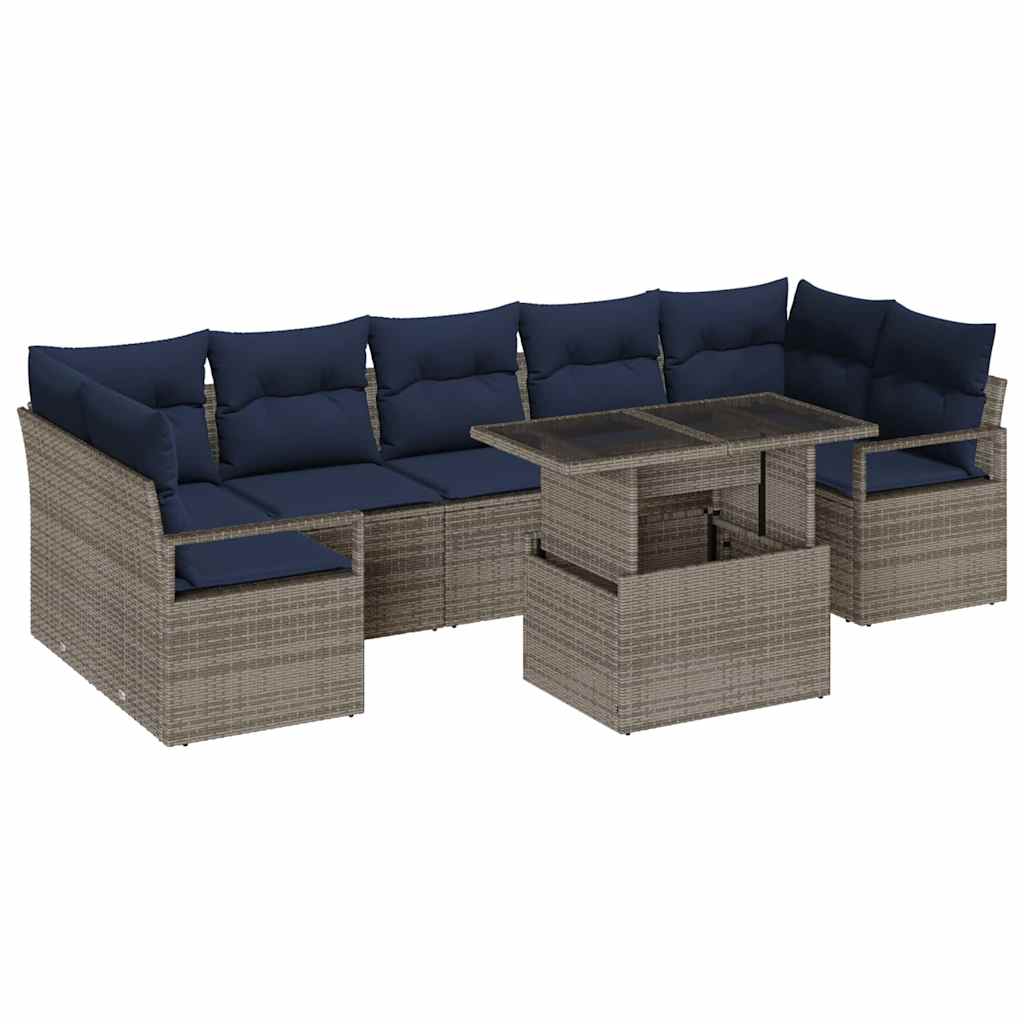 Tuin Sofa Set met kussen 8 pcs grijs en marineblauw poly rattan is nu te koop bij PeponiXL, paradijselijk wonen!