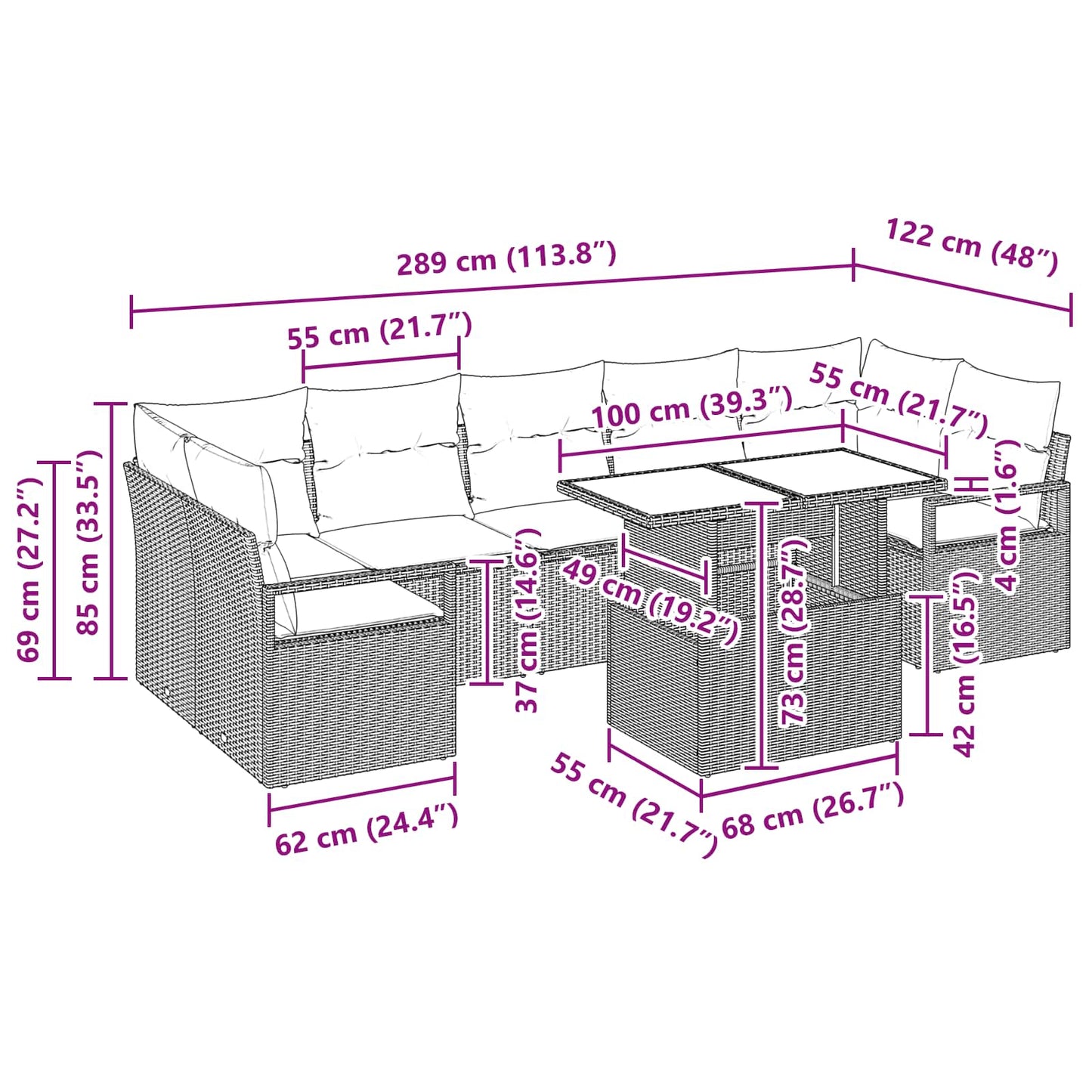 Tuin Sofa Set met kussen 8 pcs grijs en marineblauw poly rattan is nu te koop bij PeponiXL, paradijselijk wonen!
