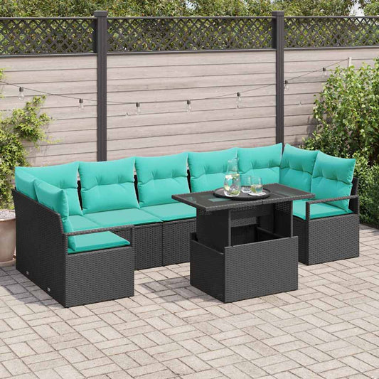 Tuin Sofa Set met kussen 8 pcs Zwart en Blauw poly rattan is nu te koop bij PeponiXL, paradijselijk wonen!