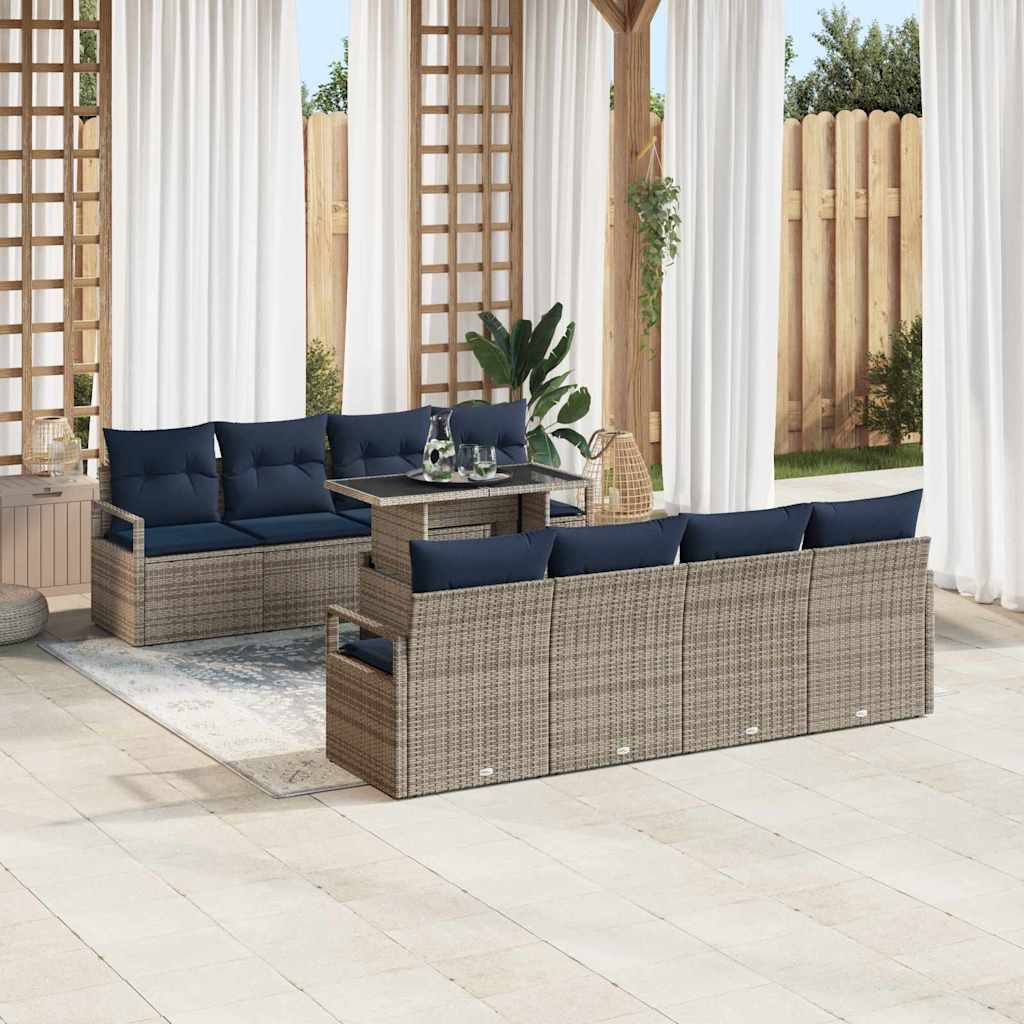 Tuin Sofa Set met kussen 7 pcs Grijs en Marineblauw poly rattan is nu te koop bij PeponiXL, paradijselijk wonen!