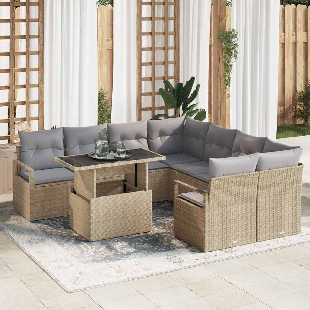 Tuin Sofa Set met kussen 9 pcs Beige en Licht Grijs poly rattan is nu te koop bij PeponiXL, paradijselijk wonen!