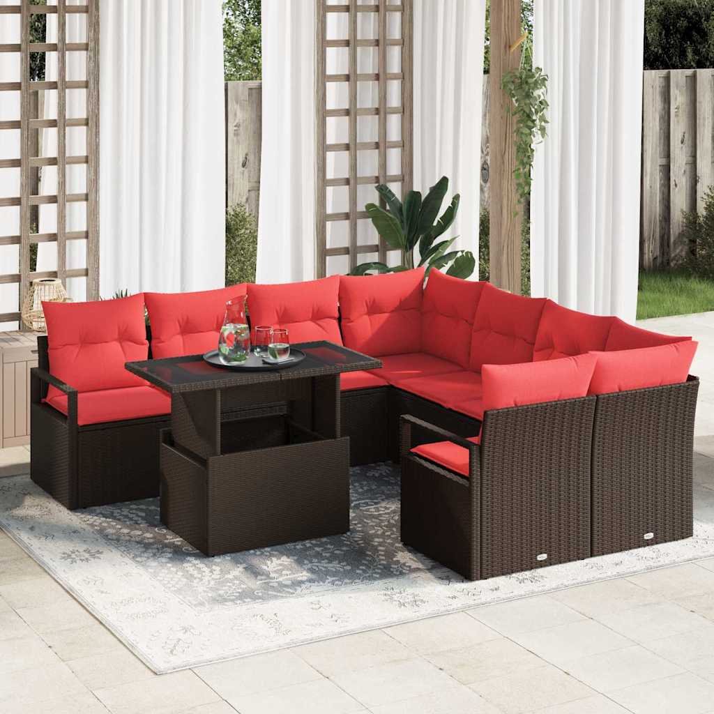 Tuin Sofa Set met opslag 9 pcs Bruin en Rood poly rattan is nu te koop bij PeponiXL, paradijselijk wonen!