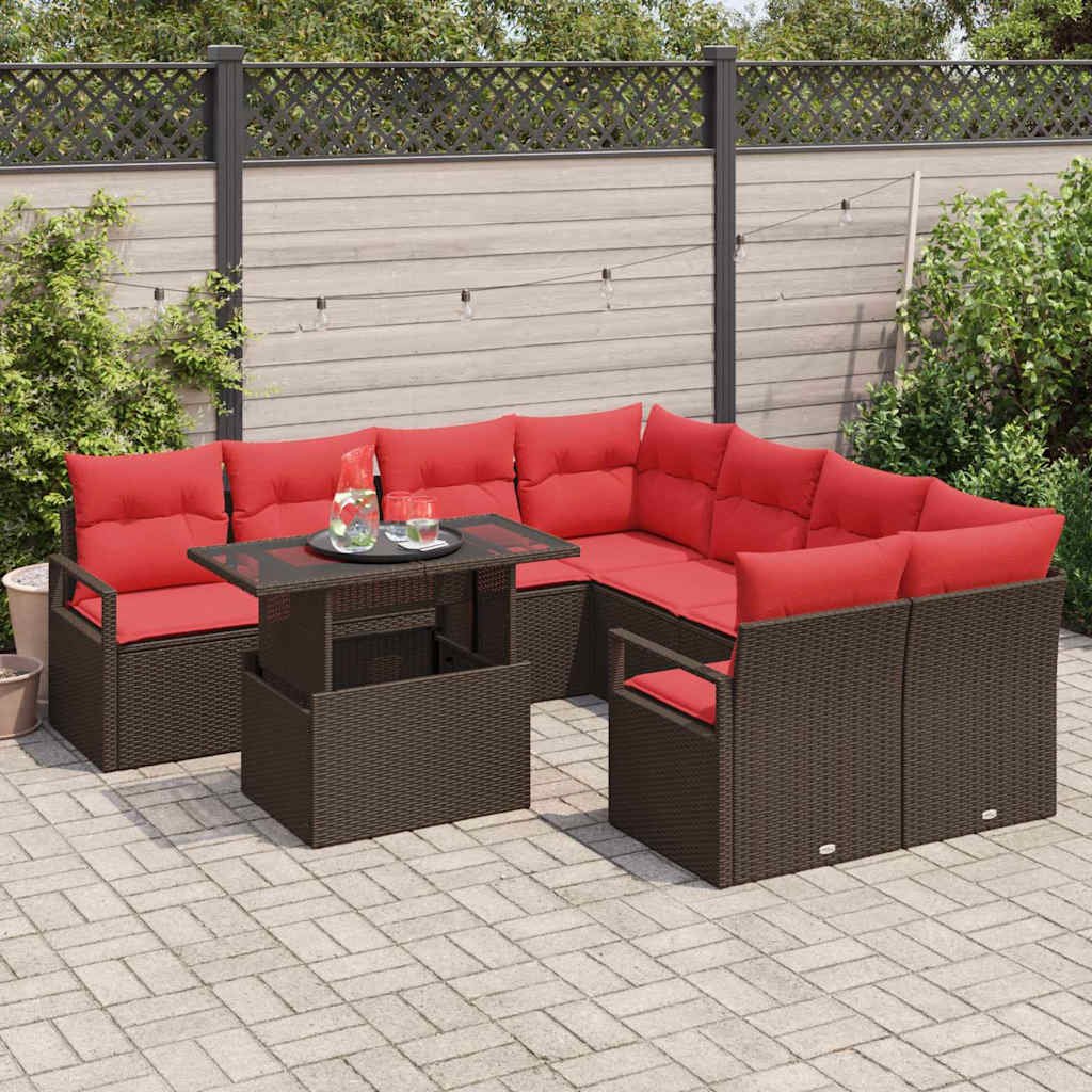 Tuin Sofa Set met opslag 9 pcs Bruin en Rood poly rattan is nu te koop bij PeponiXL, paradijselijk wonen!