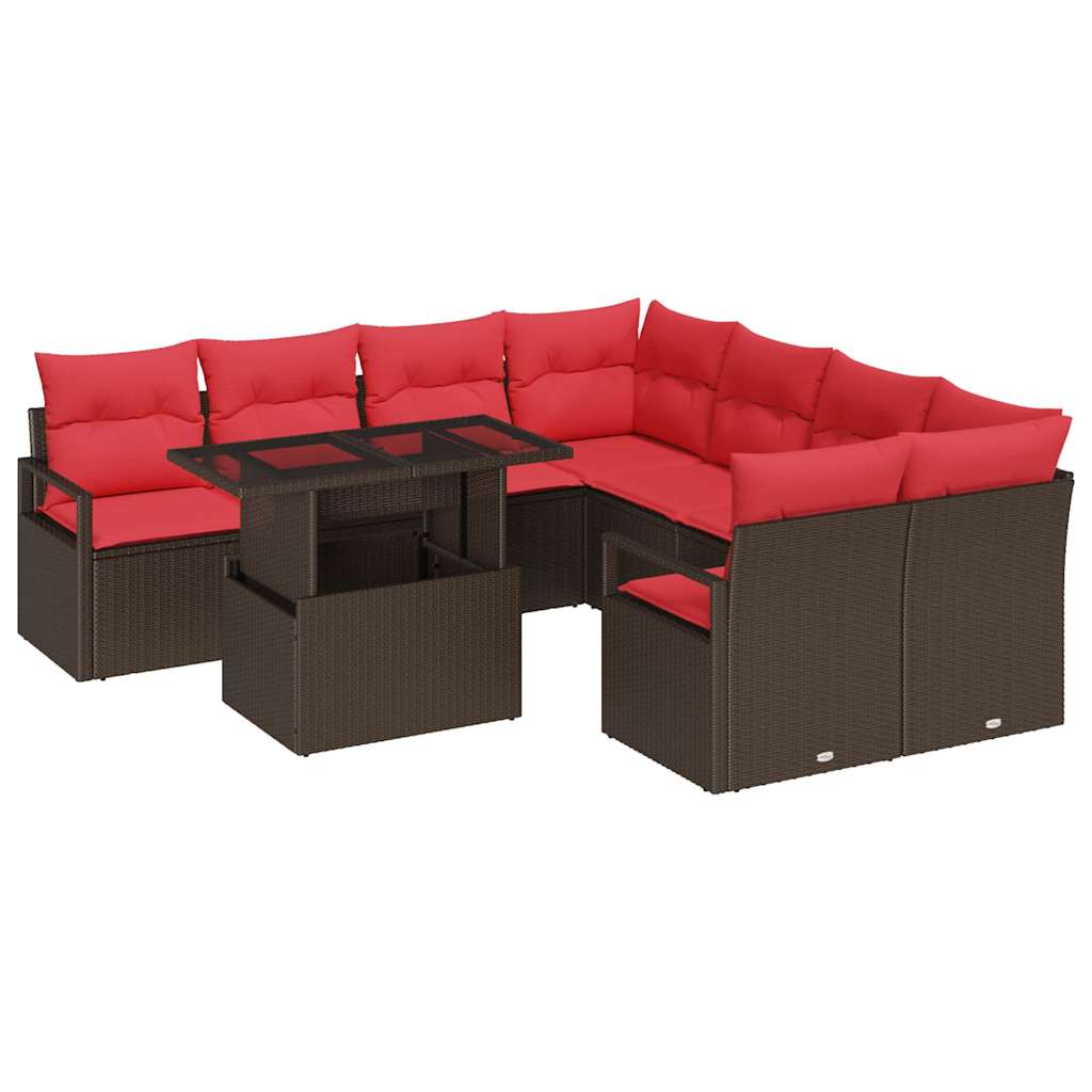 Tuin Sofa Set met opslag 9 pcs Bruin en Rood poly rattan is nu te koop bij PeponiXL, paradijselijk wonen!