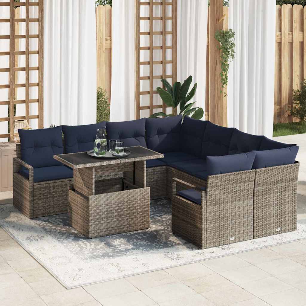 Tuin Sofa Set met opslag 9 pcs Grijs en Marineblauw poly rattan is nu te koop bij PeponiXL, paradijselijk wonen!