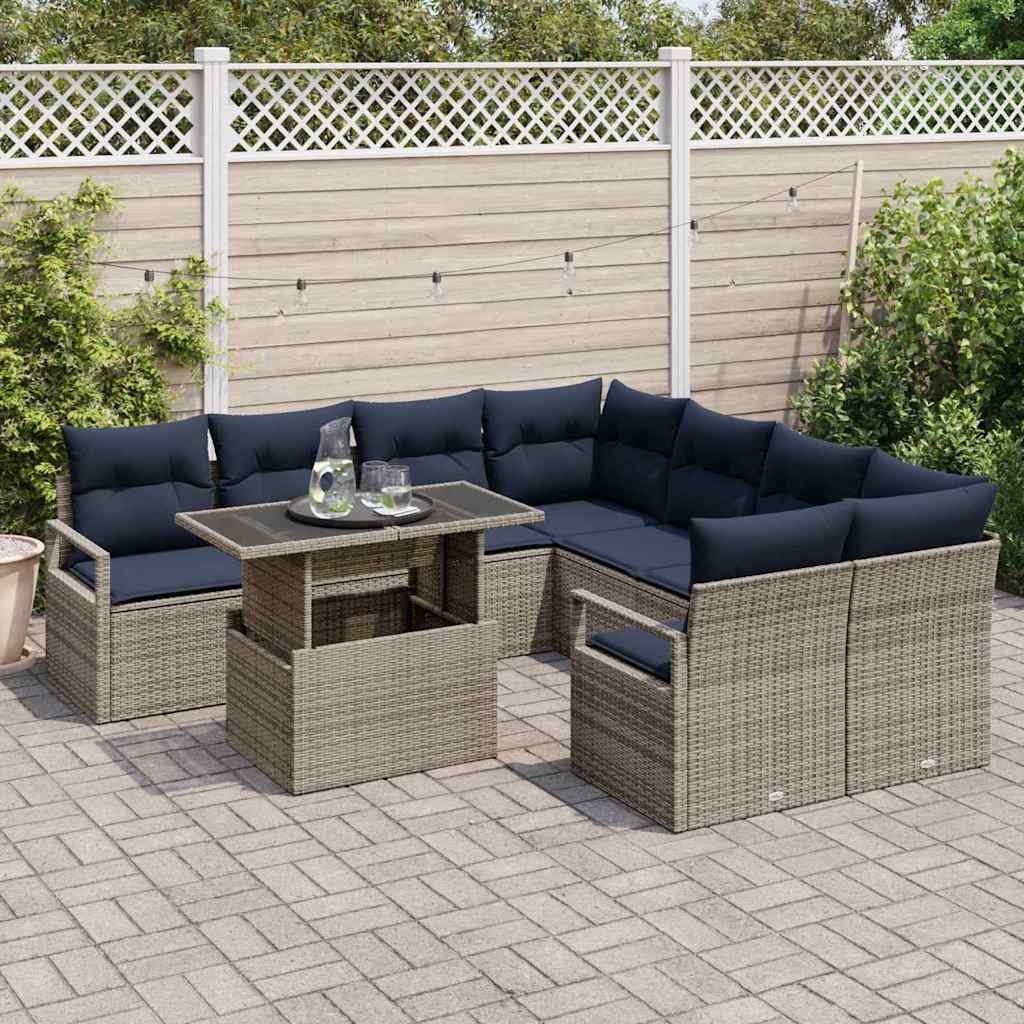 Tuin Sofa Set met opslag 9 pcs Grijs en Marineblauw poly rattan is nu te koop bij PeponiXL, paradijselijk wonen!