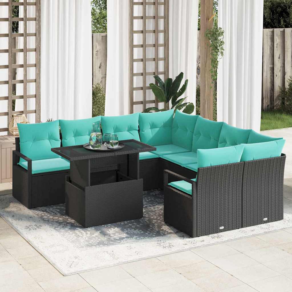 Tuin Sofa Set met opslag 9 pcs Zwart en Blauw poly rattan is nu te koop bij PeponiXL, paradijselijk wonen!